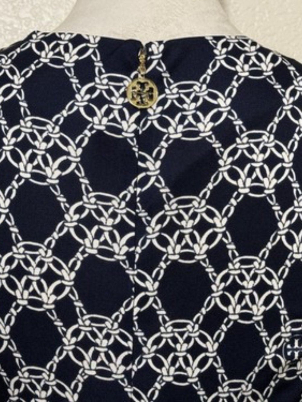 Tory Burch Womens Small Nicola Navy White Chain Print Silk Jersey Dress - Picture 4 of 10